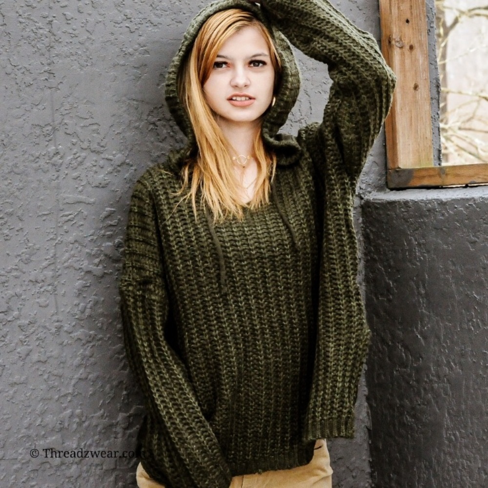 Olive Green Hooded Knit Sweater